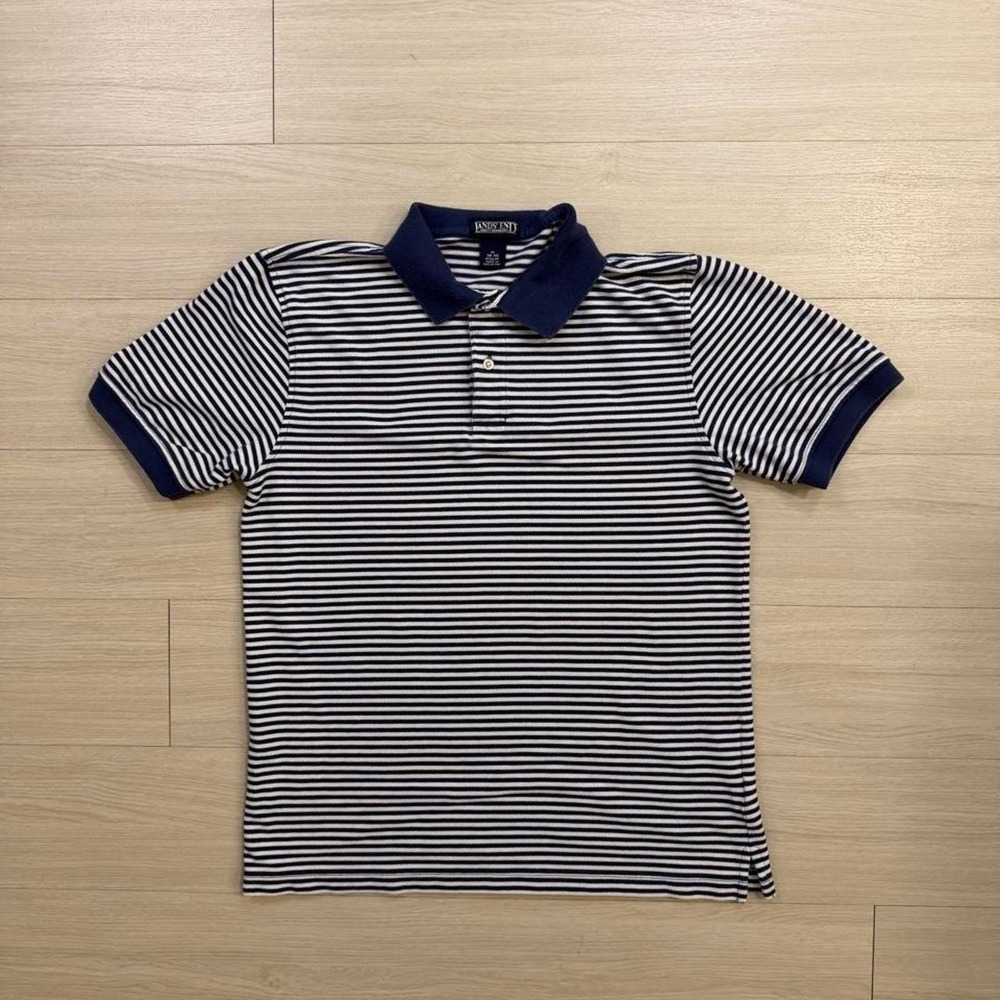 Vintage Lands End Navy Blue Striped Short Sleeve Polo Shirt Mens Size Medium